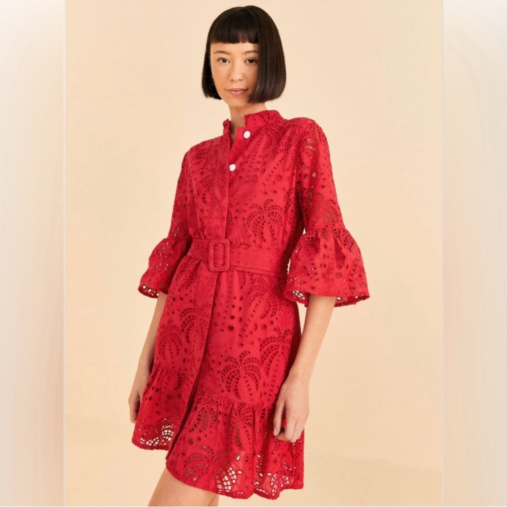 FARM Rio Red Eyelet Belted Mini Dress